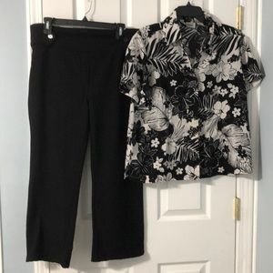 Size large pants black pants and size large black floral shirt both petite